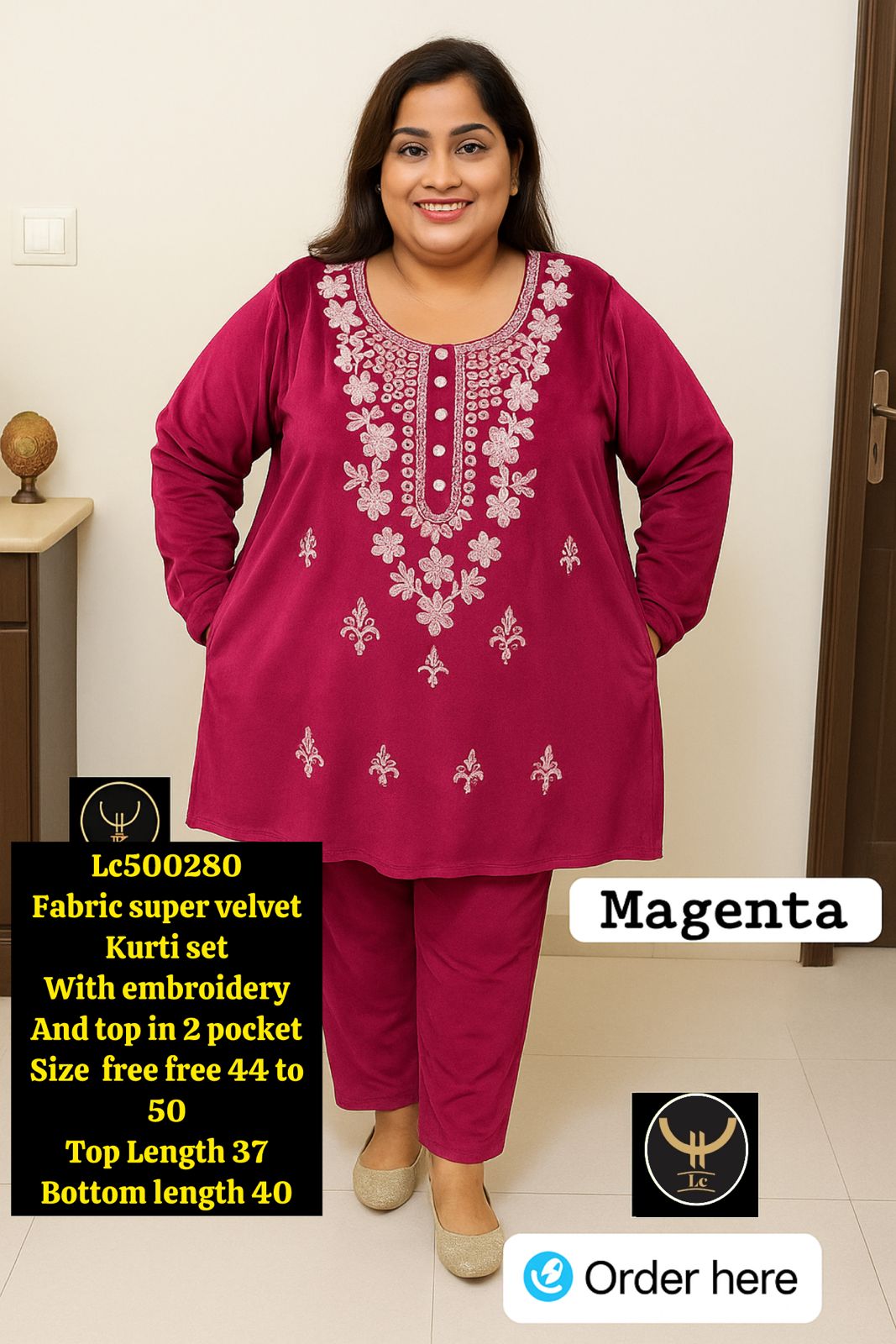 super soft velvet Kurti set With embroidery work