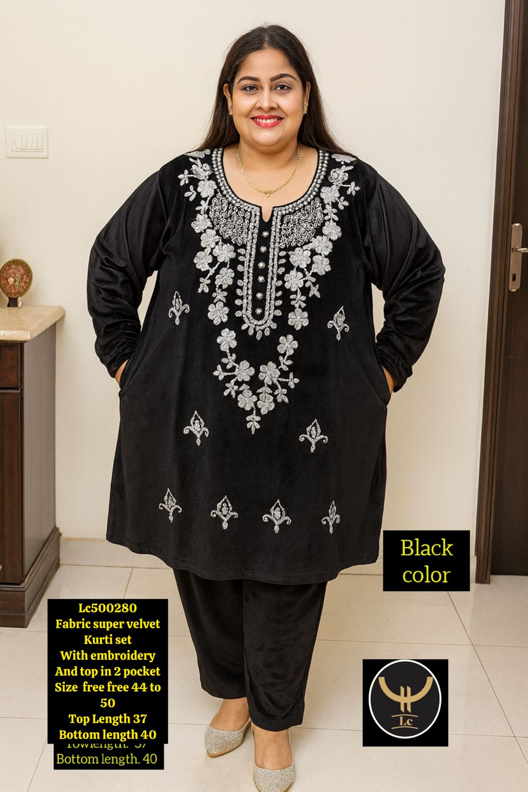 super soft velvet Kurti set With embroidery work