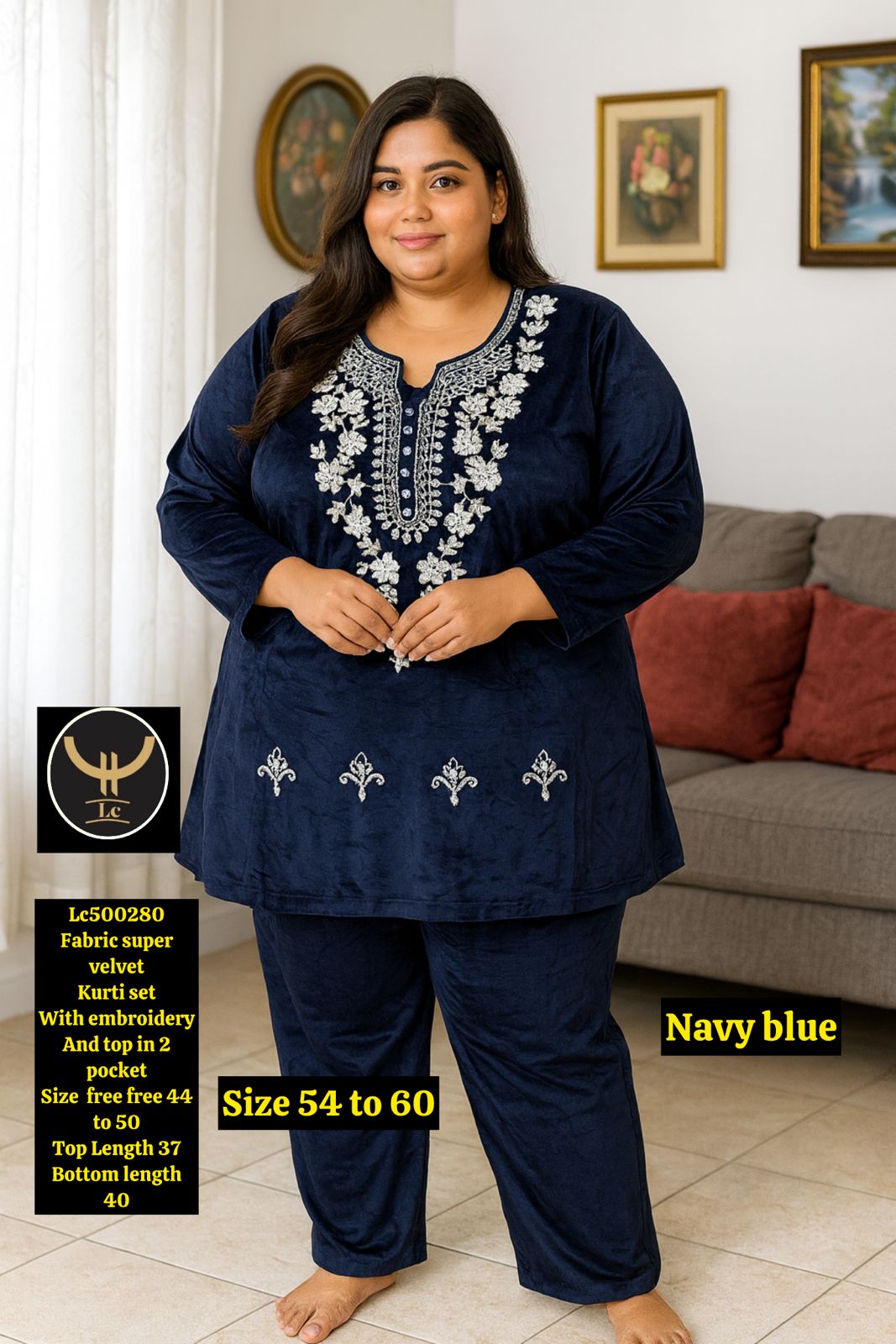 super soft velvet Kurti set With embroidery work