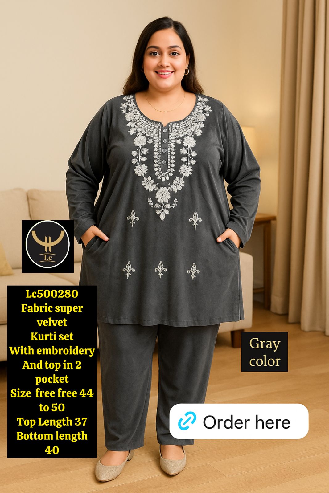 super soft velvet Kurti set With embroidery work